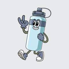 Cute cartoon sport bottle character walking cheerfully with gloves, sneakers, and a happy face illustration