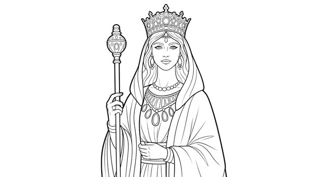 Queen of Sheba Elegant Portrait Coloring Page for Adults Ancient Royalty Art