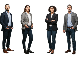 Four diverse professional business people standing confidently together in smart casual attire isolated on transparent background