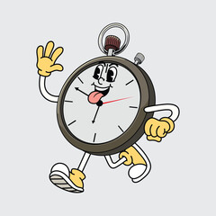 Cute stopwatch cartoon character waving hand and walking cheerfully illustration