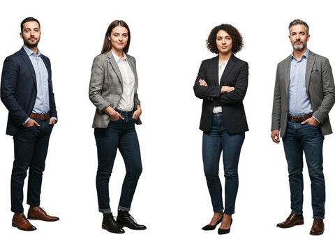 Four diverse professional business people standing confidently together in smart casual attire isolated on transparent background