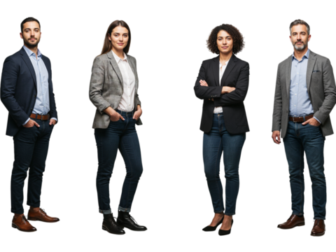 Four diverse professional business people standing confidently together in smart casual attire isolated on transparent background