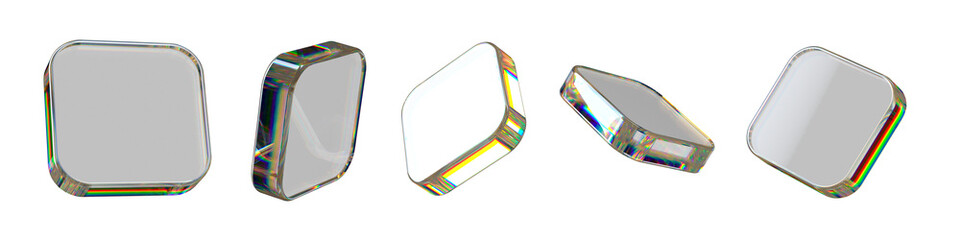 Transparent iridescent 3D glass squares with rounded edges. Abstract geometric illustration featuring glossy surface, smooth light refraction and modern digital design.