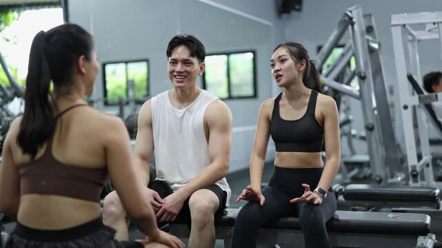 Fitness enthusiasts chatting during break, gym buddies building camaraderie