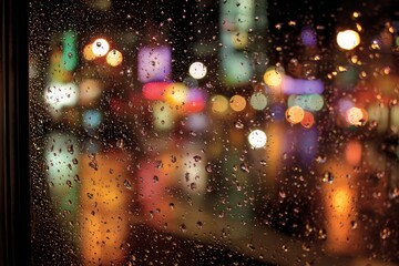 Obraz premium Rainy Night Cityscape View Through Window