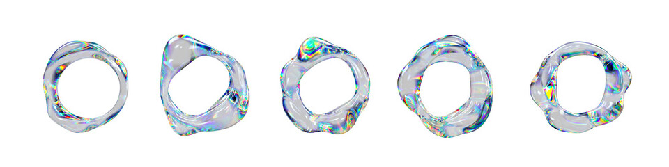 Abstract transparent iridescent ring shapes with gradient dispersion and glossy surface on transparent background. Modern fluid glass forms with optical rainbow reflections and smooth ripple details.