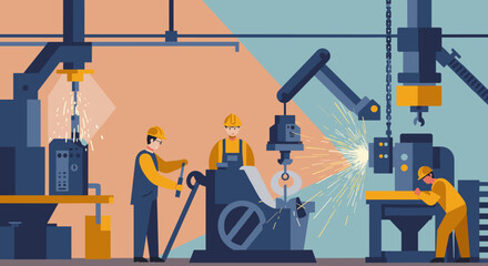 Industrial factory with workers, machines, and robotics in flat design for modern manufacturing