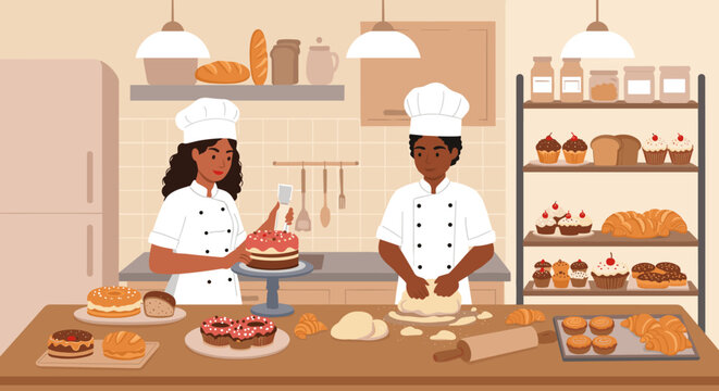 Pastry chefs baking in modern kitchen with bread and cakes