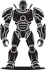 black and white robot vector illustration featuring sci-fi mech warrior design with futuristic mechanical armor details