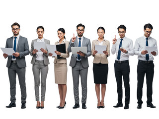 Obraz premium Diverse group of business professionals standing together holding documents and looking forward isolated on transparent background