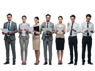 Diverse group of business professionals standing together holding documents and looking forward isolated on transparent background
