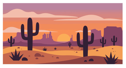 Scenic desert sunset with cacti silhouettes and mountains in flat design