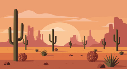Desert landscape with cacti and rock formations at sunset in flat design