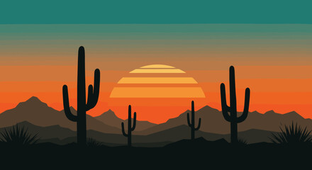 Desert sunset with silhouetted cacti and mountains in vibrant colors
