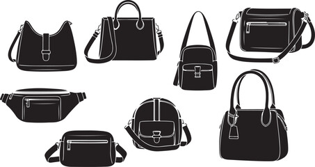 Vector art of collection of handbag silhouettes isolated on white background