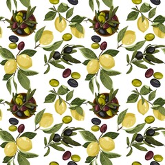 Seamless pattern colorful illustration of lemon branches with fresh yellow lemons and green leaves colorful olives. A white background, vibrant botanical composition perfect for kitchen prints