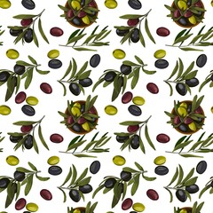 Seamless pattern colorful illustration green leaves colorful olives. A white background, vibrant botanical composition perfect for kitchen prints