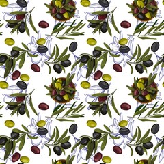 Seamless pattern colorful illustration green leaves colorful olives. A white background, vibrant botanical composition perfect for kitchen prints