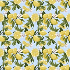 Seamless pattern colorful illustration of lemon branches with fresh yellow lemons and green leaves. A white background, vibrant botanical composition perfect for kitchen prints