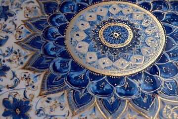 ntricate Hand Drawn Mandala with Gold Accents and Blue White Floral Pattern