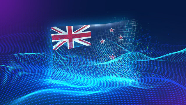new-zealand A futuristic digital background merging with a national flag symbol, representing the concept of technology, innovation, and digital transformation while preserving cultural identity. - Powered by Adobe