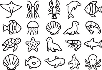 Fototapeta premium Collection of simple black and white line art sea creatures and shells