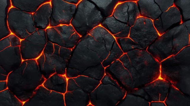 Cracked volcanic lava rock with glowing molten fissures creating intense natural texture surface, fiery cracks emit heat and energy in dramatic volcanic rock fissure landscape