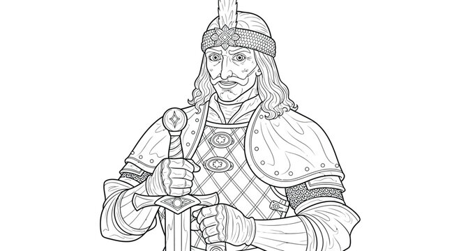 Vlad the Impaler Warrior Portrait Adult Coloring Page Historical Ruler Detailed Art