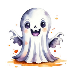 Obraz premium Cute Halloween Ghost with Pumpkin Lantern and Full Moon in Spooky Night Scene 