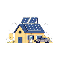 A modern house with solar panels and an electric car charging at a home charging station.
