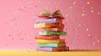Celebratory Stack of Colorful Books Under Confetti, Education with A Festive Flair
