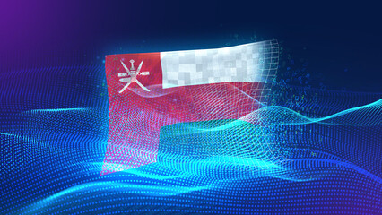 oman A futuristic digital background merging with a national flag symbol, representing the concept of technology, innovation, and digital transformation while preserving cultural identity.