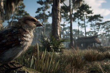 Sparrow's Gaze: Detailed Bird Portrait in Lush Forest Setting, Soft Light