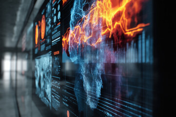 Digital intelligence concept featuring data visualizations on a large screen, perfect for tech and business.