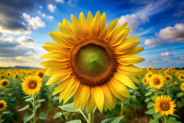 Vibrant sunflower in full bloom against a dramatic sky with wispy clouds in a field