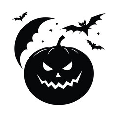 Creepy pumpkin with flying bats and full moon background vector silhouette