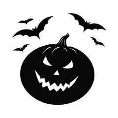 Creepy pumpkin with flying bats and full moon background vector silhouette