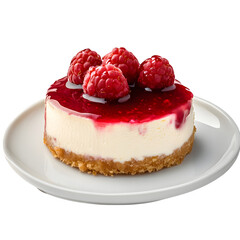 A delectable raspberry cheesecake sits beautifully on a white plate with its sweet berry topping against black