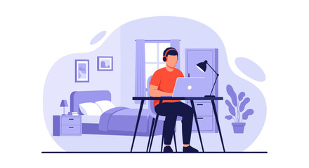 Person working from home on laptop, perfect for remote work, freelance, or work-life balance illustrations.