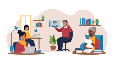 Diverse group of people working remotely from home, perfect for illustrating work from home concepts.