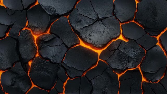 Cracked volcanic lava rock with glowing orange molten magma flowing through fissures creates intense natural texture and fiery appearance showcasing molten rock and volcanic fissure heat energy