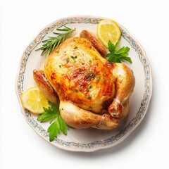 Cooked baked chicken with spices, herbs and lemon lies on a white plate isolated on a white background