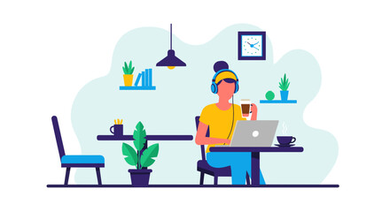 Woman working from home, enjoying coffee and music - perfect for blog posts or remote work articles.