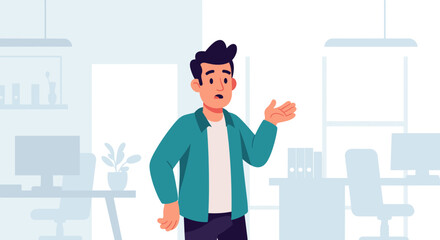 Confused young man in office setting, ideal for websites, presentations, and marketing materials.