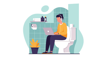 Person working on laptop in bathroom - Illustration for blog, website or social media.