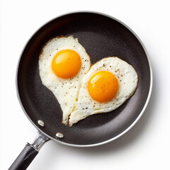 Heart shaped fried egg being fried in a frying pan isolated on a white background