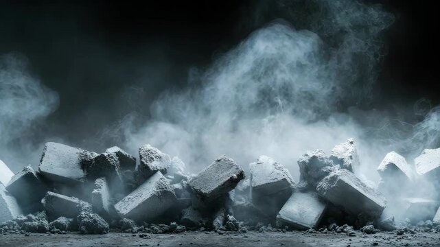Broken concrete block and crumbled concrete rubble with dust, smoke, and gray debris forming dramatic pile of destruction, rubble, and broken block creating intense atmosphere of debris and dust