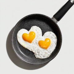 Heart shaped fried eggs in a frying pan isolated on a white background, breakfast for lovers