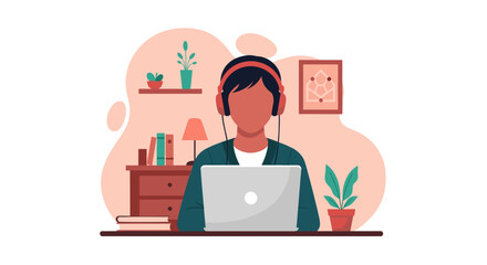 Person working from home on laptop, wearing headphones. Ideal for blogs, websites, and social media posts about remote work, online learning, or work-life balance.