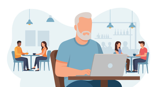 Senior man working on laptop in a cafe, ideal for remote work, freelance, or retirement lifestyle websites.